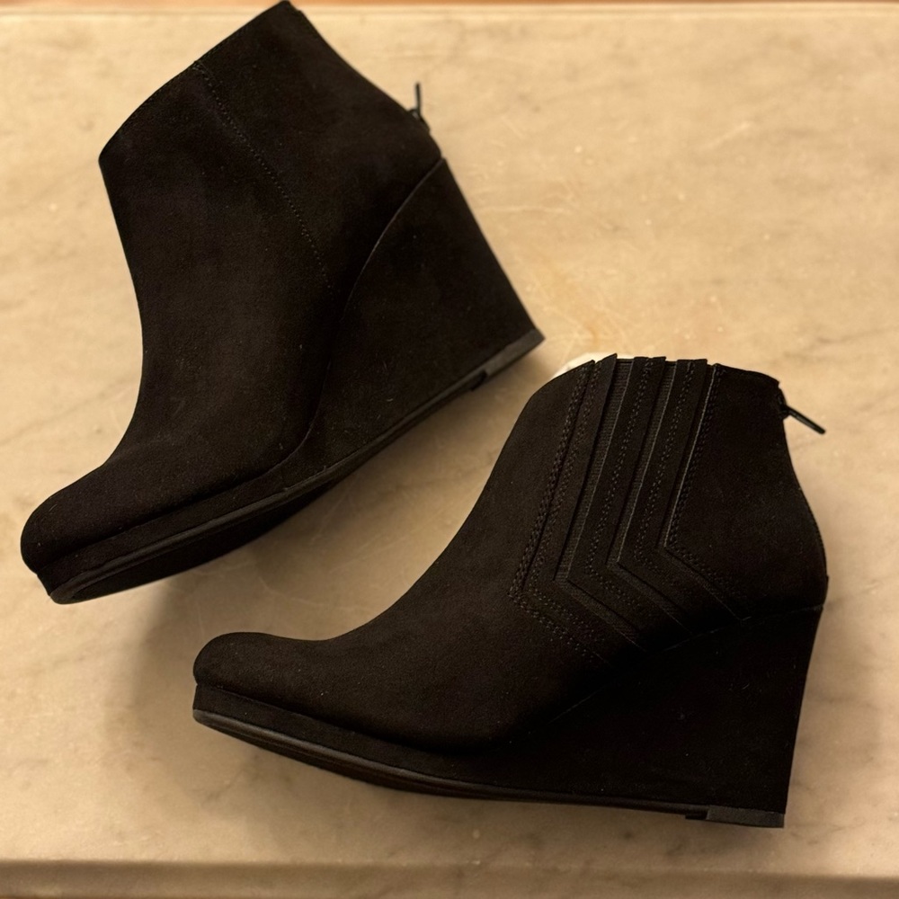 Faux suede black wedge booties